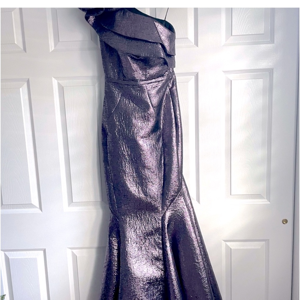 Beautiful mettalic eggplant colored long one shoulder gown